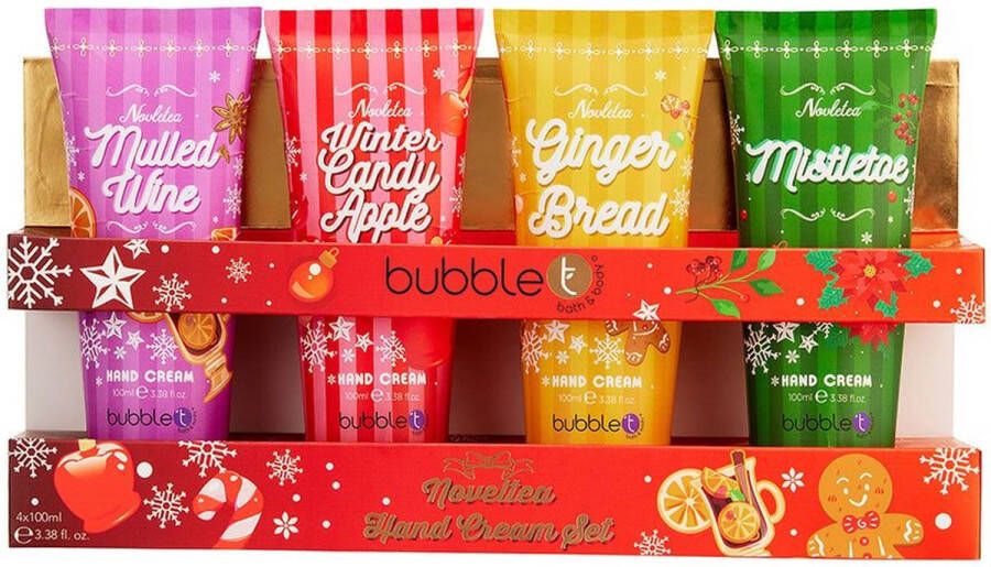 Bubble T Cosmetics Bubble T Kerst Noveltea Handcrème Cadeauset 4st vier betoverende geuren: Glühwein gekarameliseerde appel peperkoek en maretak