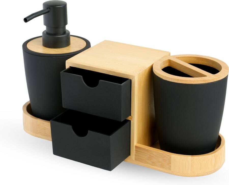 BUDDLEY Badkamer organizer Zwart Bamboe Zeeppompje Zwart Wattenstaafjes Houder Zeepdispenser Hout Tandenborstelhouder Tandenborstelbeker Tandenborstel houder Tandenborstel doosje Tandenborstel koker Organiser Badkamer