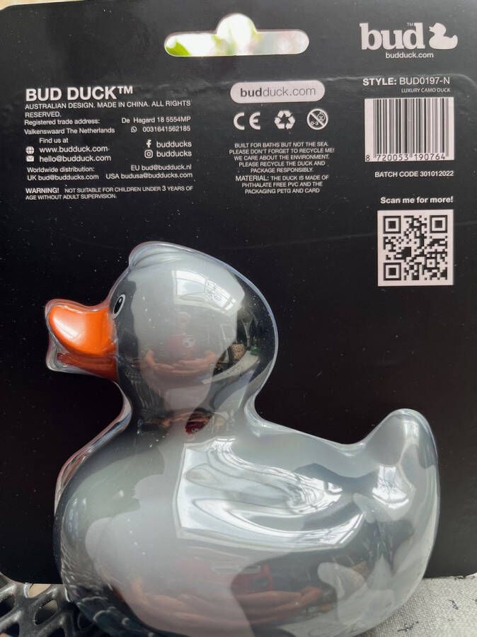 BUDDUCK.COM BUD Camo Duck Badeendje Camouflage van budduck in zwart grijs en wit