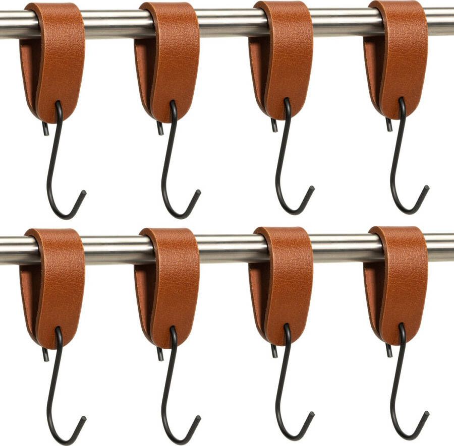 Buffel&Co Ophanghaken Leren S-haak hangers Cognac 8 stuks 15 x 2 5 cm – Handdoekhaakjes – Kapstokhaak