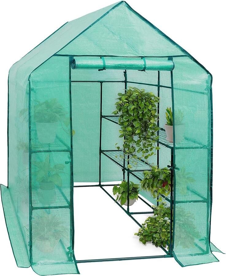 BukkitBow – Polytunnel Tuinkas – Winterproof Tunnel voor Groenten Teelt – Compacte Tuinkas met Groot Luik en 3 Bloemen Planken 143x143x195CM Groen
