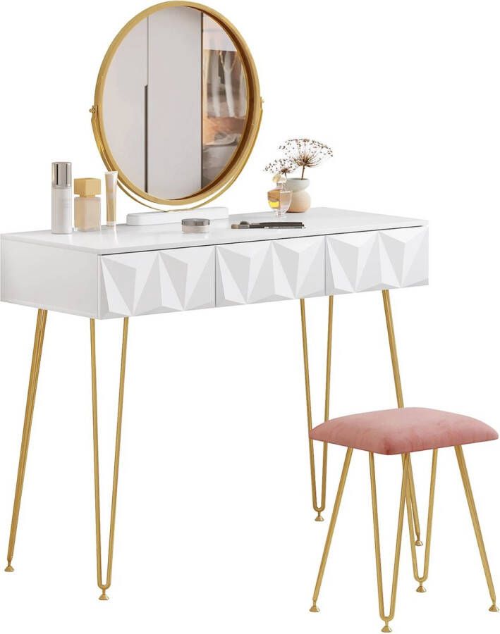 BukkitBow Luxe Kaptafel met Kruk en 360 Graden Draaibare Ronde Spiegel Met Gouden Poten en 3 Lades