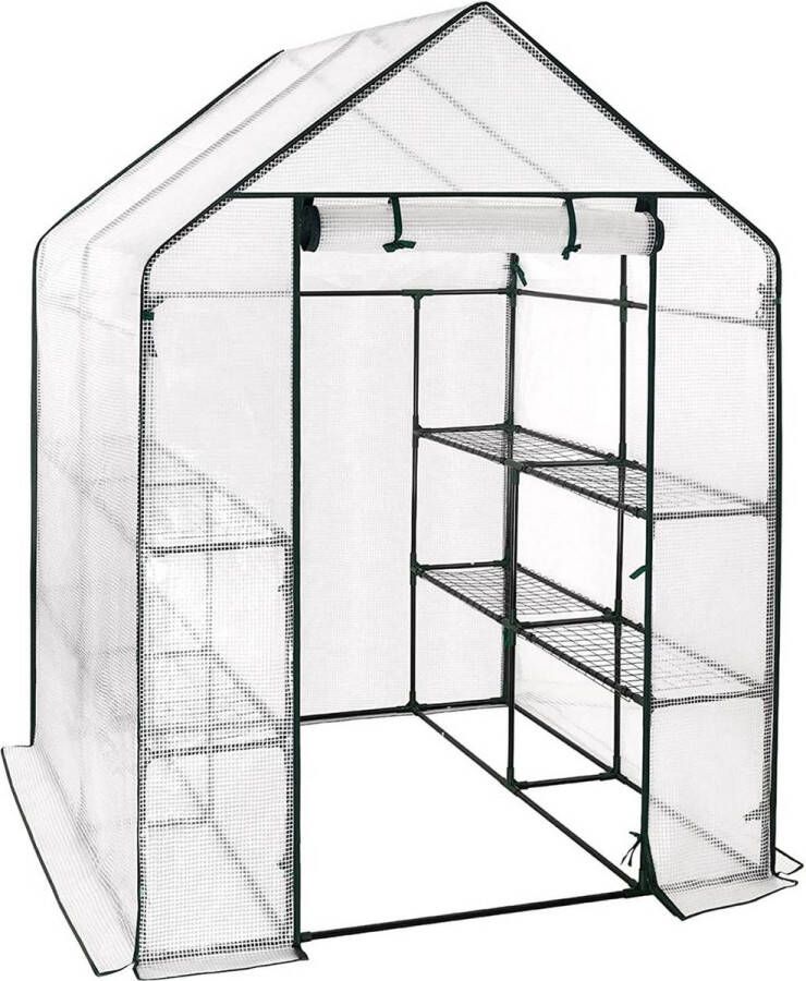 BukkitBow – Polytunnel Tuinkas – Winterproof Tunnel voor Groenten Teelt – Compacte Tuinkas met Groot Luik en 3 Bloemen Planken 143x143x195CM Wit