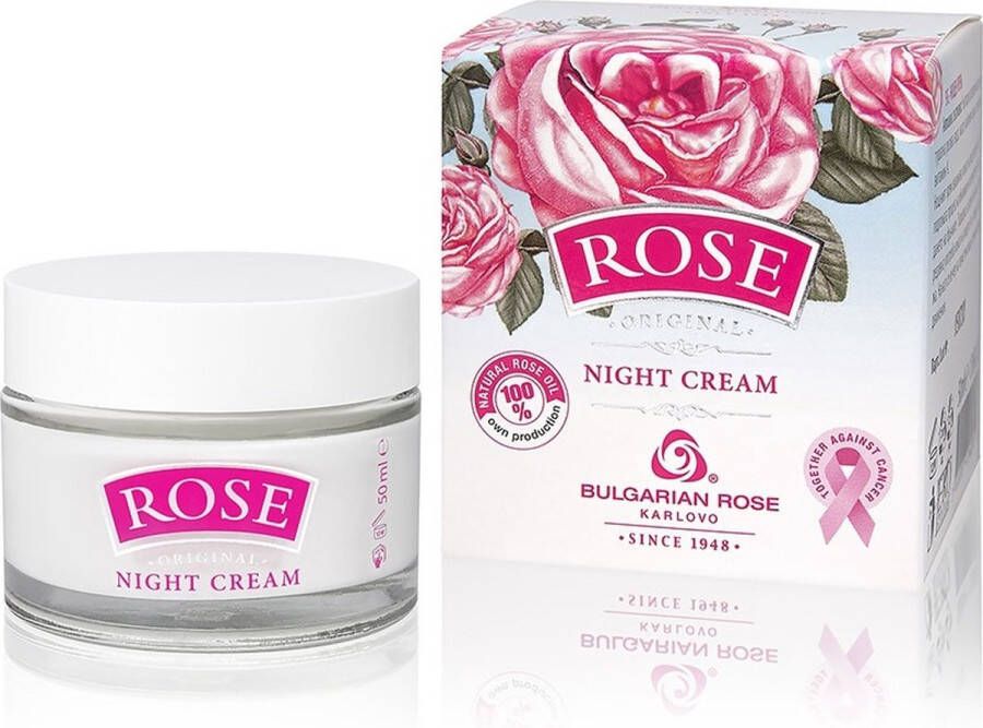 Bulgarian roos Karlovo Night cream Rose Original Nachtcrème Moederdag cadeautje Rozen cosmetica met 100% natuurlijke Bulgaarse rozenolie en rozenwater