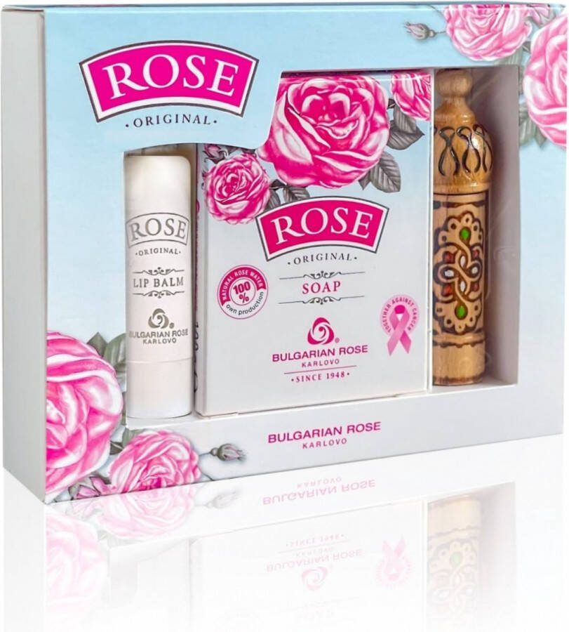 Bulgarian rose Karlovo Rose Original Mini gift set Cadeauset Lippenbalsem + Handzeep + Parfumessence Rozen cosmetica met 100% natuurlijke Bulgaarse rozenolie en rozenwater