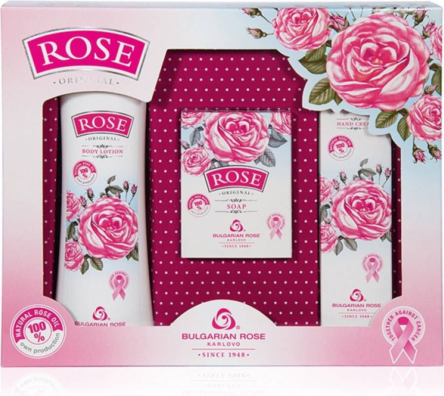 Bulgarian rose Karlovo Rose Original Gift set body lotion + hand cream + soap Cadeauset bodylotion + handcrème + zeep Rozen cosmetica met 100% natuurlijke Bulgaarse rozenolie en rozenwater