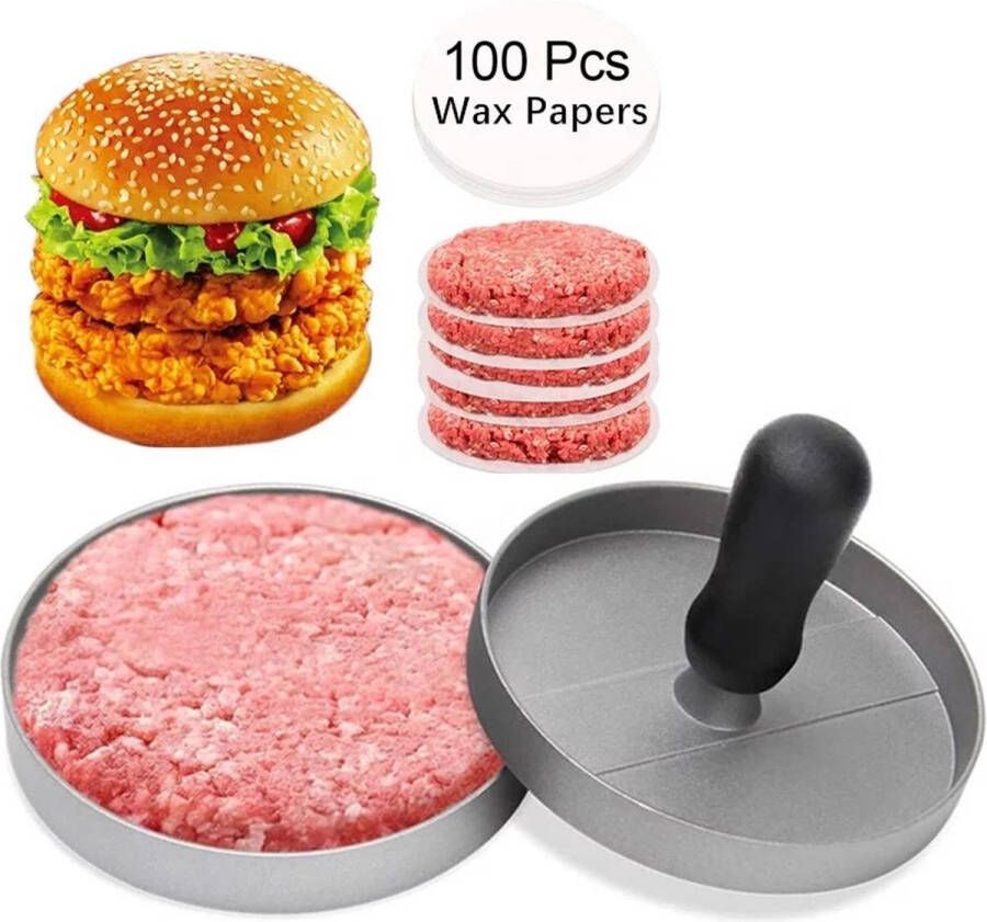 Bulleye Hamburgerpers Antiaanbaklaag BBQ Set RVS Incl. 100x Waxpapiertjes