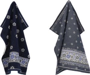 Bunzlau Castle Luxe Keukendoek en Theedoek Belle Fleur Donkerblauw van 100% Biologisch Katoen Keukendoek 60x53cm en Theedoek 65x65cm