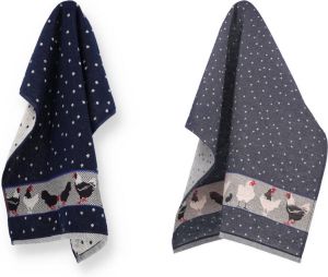 Bunzlau Castle Luxe Keukendoek en Theedoek Kip Donkerblauw van 100% Biologisch Katoen Keukendoek 60x53cm en Theedoek 65x65cm