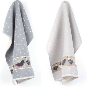 Bunzlau Castle Luxe Keukendoek en Theedoek Kip Grijs van 100% Biologisch Katoen Keukendoek 60x53cm en Theedoek 65x65cm