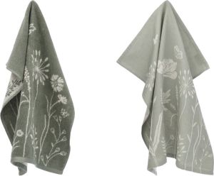 Bunzlau Castle Luxe Keukendoek en Theedoek Wild Flowers Donker Groen van 100% Biologisch Katoen Keukendoek 60x53cm en Theedoek 65x65cm