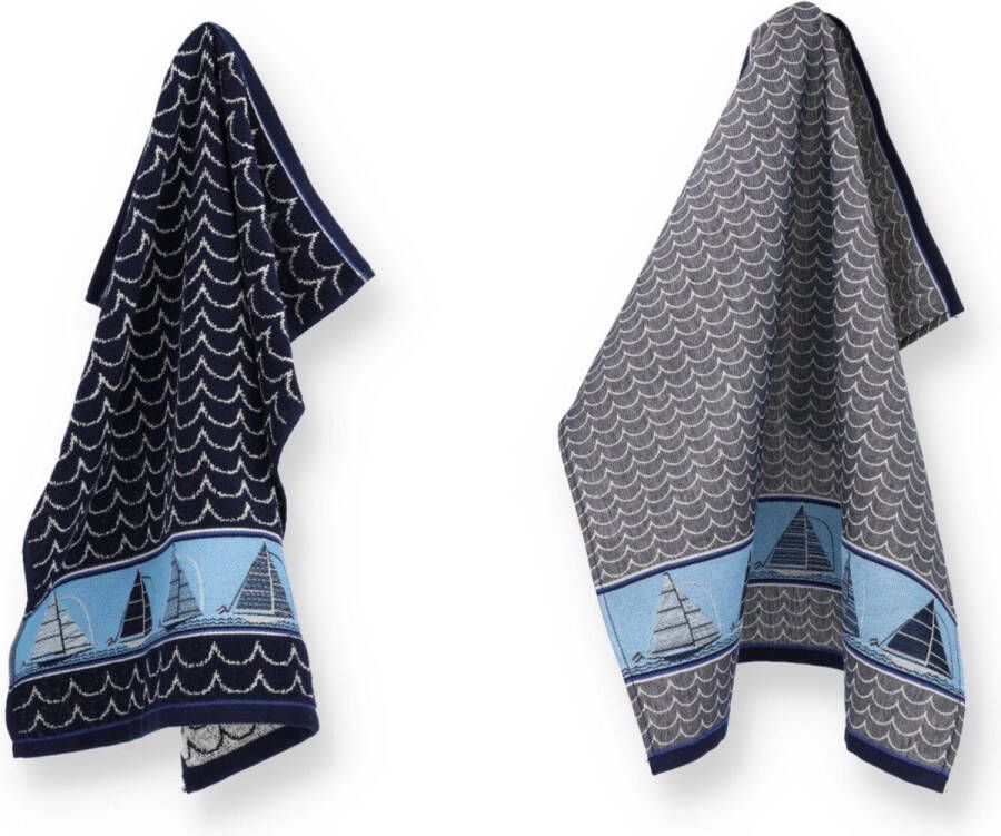 Bunzlau Castle Luxe Keukendoek en Theedoek Boat Donkerblauw| x cm van 100% Biologisch Katoen Keukendoek 60x53cm en Theedoek 65x65cm