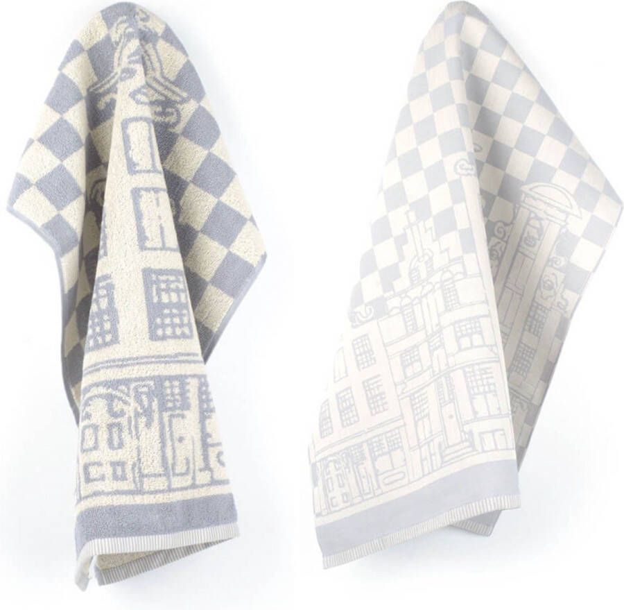 Bunzlau Castle Luxe Keukendoek en Theedoek Grachtenpand Grijs| x cm van 100% Biologisch Katoen Keukendoek 60x53cm en Theedoek 65x65cm