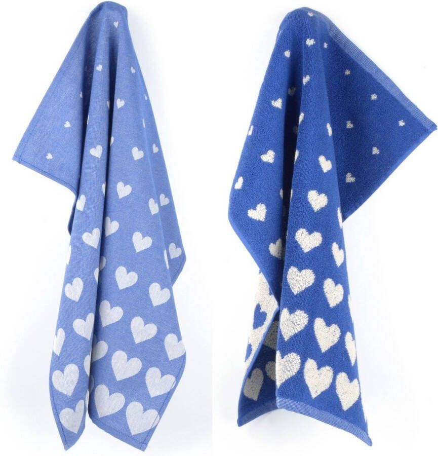 Bunzlau Castle Luxe Keukendoek en Theedoek Hart Royal Blauw| x cm van 100% Biologisch Katoen Keukendoek 60x53cm en Theedoek 65x65cm