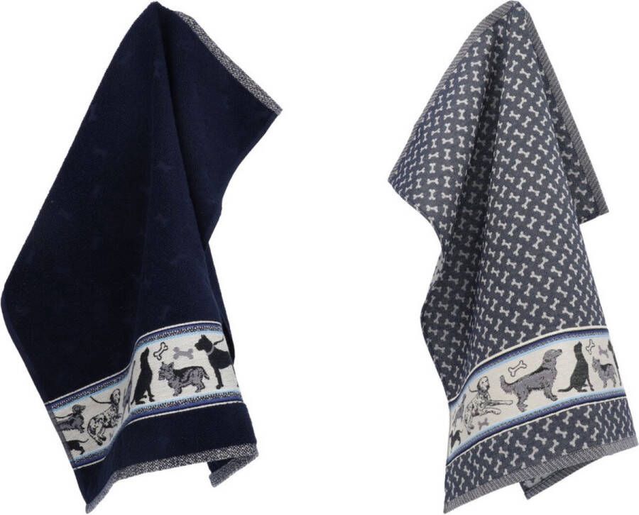 Bunzlau Castle Luxe Keukendoek en Theedoek Hond Donkerblauw| x cm van 100% Biologisch Katoen Keukendoek 60x53cm en Theedoek 65x65cm
