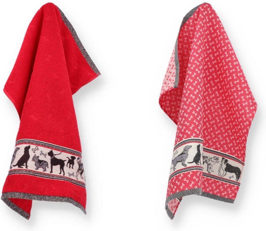 Bunzlau Castle Luxe Keukendoek en Theedoek Hond Rood| x cm van 100% Biologisch Katoen Keukendoek 60x53cm en Theedoek 65x65cm