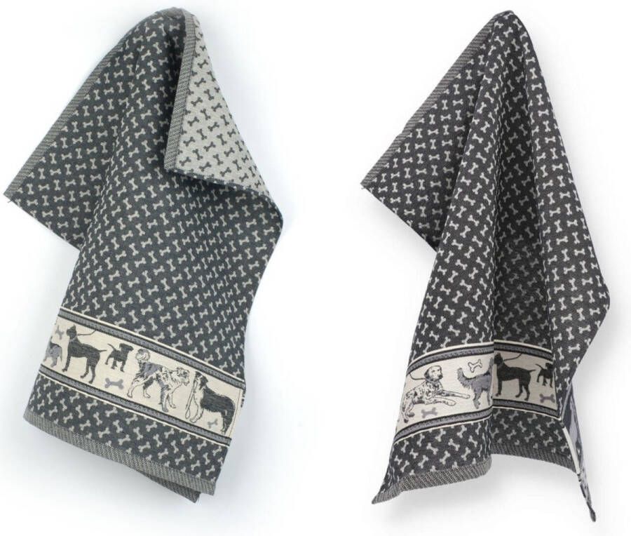 Bunzlau Castle Luxe Keukendoek en Theedoek Hond Zwart| x cm van 100% Biologisch Katoen Keukendoek 60x53cm en Theedoek 65x65cm