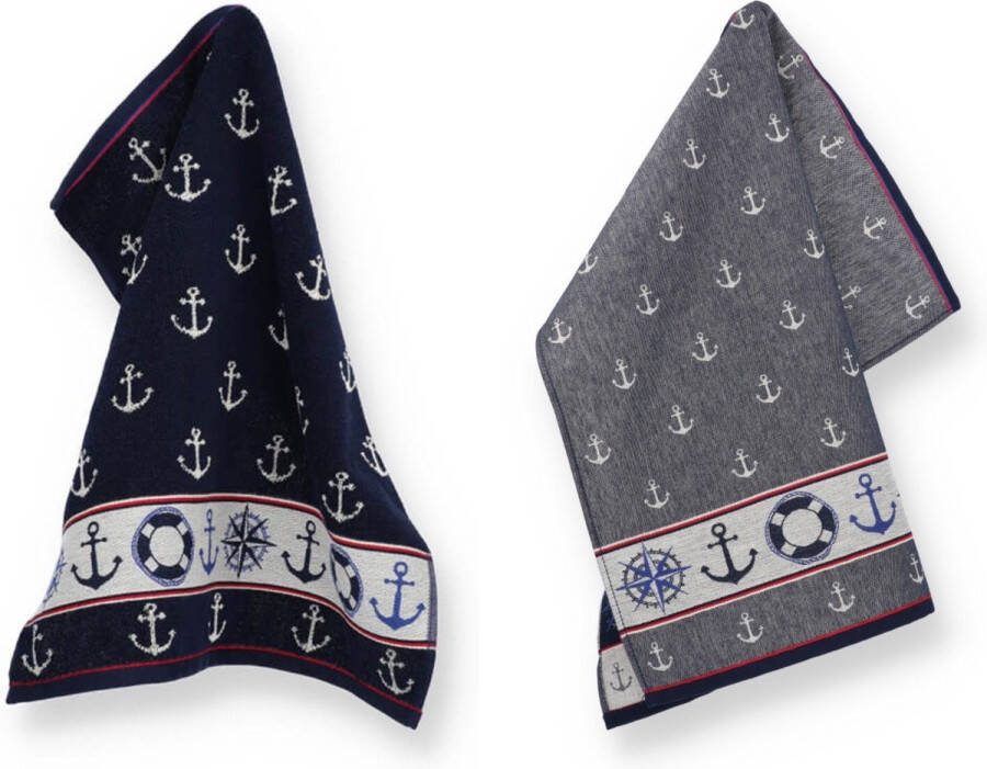 Bunzlau Castle Luxe Keukendoek en Theedoek Maritime Donkerblauw| x cm van 100% Biologisch Katoen Keukendoek 60x53cm en Theedoek 65x65cm