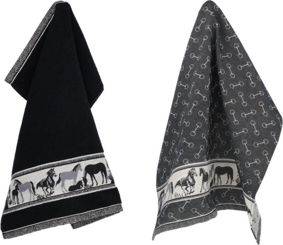 Bunzlau Castle Luxe Keukendoek en Theedoek Paard Zwart| x cm van 100% Biologisch Katoen Keukendoek 60x53cm en Theedoek 65x65cm