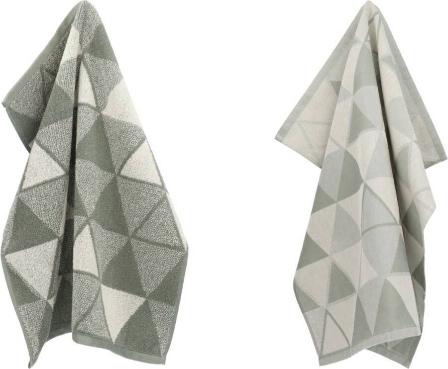 Bunzlau Castle Luxe Keukendoek en Theedoek Triangles Donker Groen| x cm van 100% Biologisch Katoen Keukendoek 60x53cm en Theedoek 65x65cm