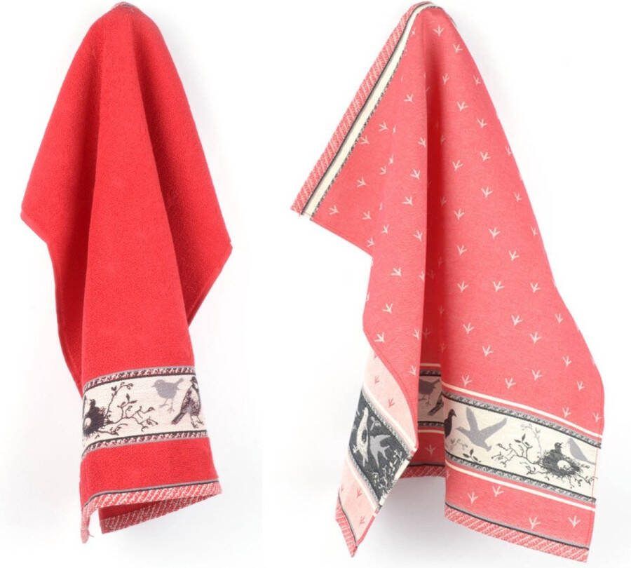 Bunzlau Castle Luxe Keukendoek en Theedoek Vogel Rood| x cm van 100% Biologisch Katoen Keukendoek 60x53cm en Theedoek 65x65cm