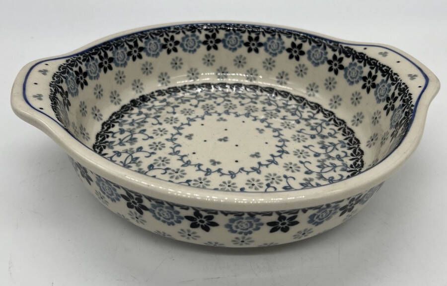 Bunzlau keramiek ronde ovenschaal met handvat blauw zwart grijze bloem