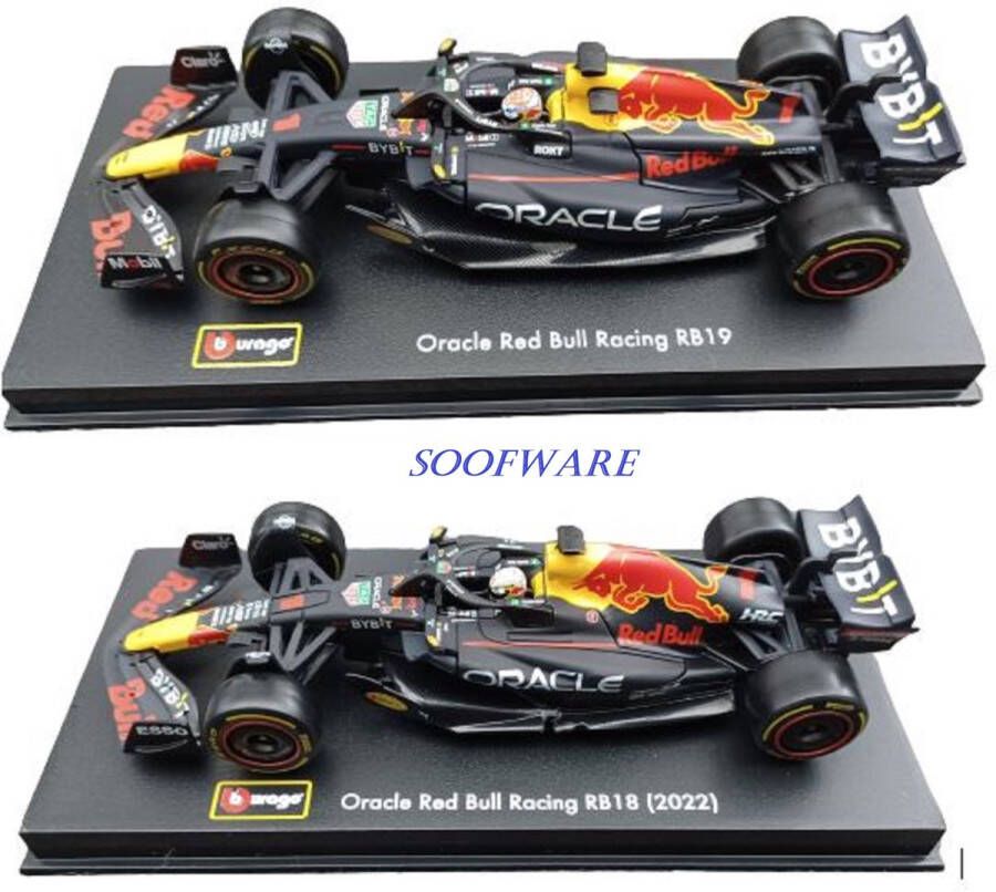 Buragoo Nieuw Burago Set F1 Red Bull Racing RB18 en RB19 #1 Max Verstappen Seizoen 2022 en 2023 kampioen !!! modelauto's schaalmodel 1:43 met helmen van Max