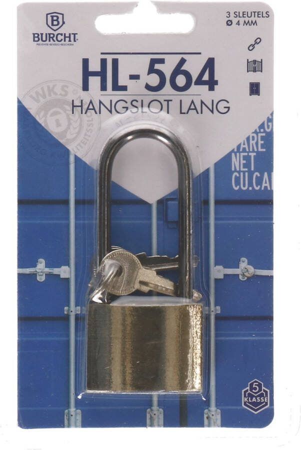 Burcht Hangslot lang 4 mm met 3 sleutels vanaf het gouden slot is de beugel 6 cm hoog buitenmaat beugel 3 cm binnenmaat 2 cm