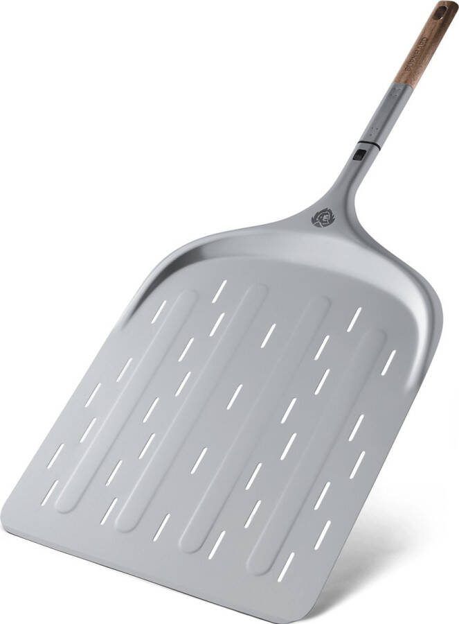 Burnhard Pizzaschep aluminium spatel met perforatie en handvat van acaciahout incl. Insteekmechanisme hittebestendig voor pizzaovens 77 6 cm x 36 1 cm x 1 6 cm