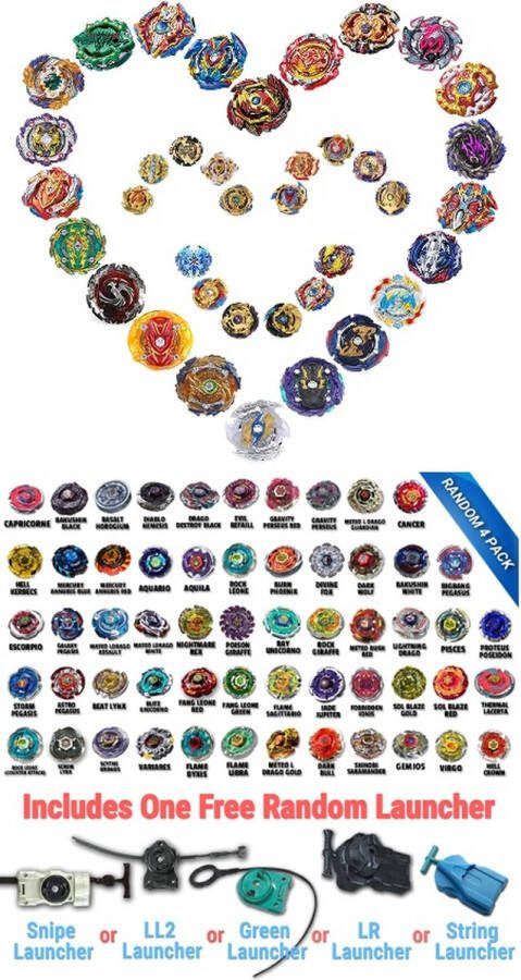 BURSTTOP Beyblade Elke Tol Inclusief Launcher Beyblade Burst 4 stuks Beyblade Speelgoed- Beyblade Burst Turbo- Beyblade Burst Evolution- Gyro