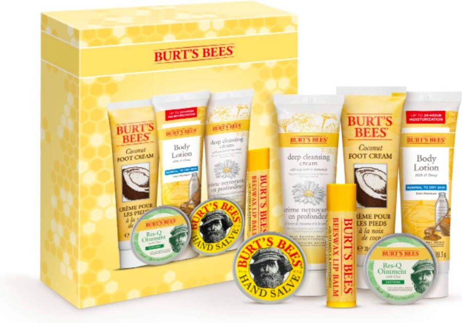 Burt's Bees Cadeauset 6 mini-items voor mannen en vrouwen Coconut Foot Cream Milk & Honey Body Lotion Soap Bark & ​​​​Chamomile Deep Cleansing Cream Res-q Zalf Handzalf & Bijenwas Lippenbalsem