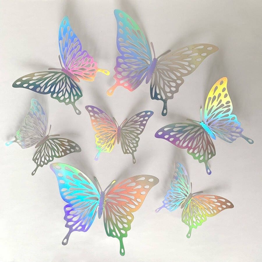 Butterfly stickers 3D zilver- multi color Vlinders Muurstickers Unieke Muurdecoratie Muurvlinders
