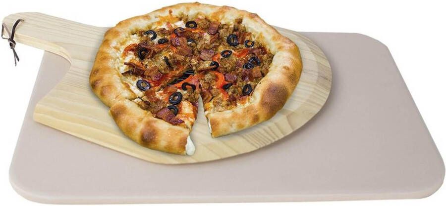 Buxibo 2in1 Pizzasteen Voor BBQ & Oven Inclusief Serveer Plank Pizzabord Pizzaplank 30.5 x 38.1 x 1.4 cm