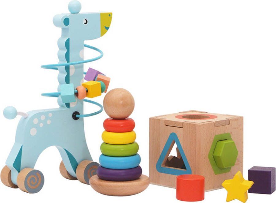 Buxibo 3-in-1 houten Montessori-speelgoedset voor baby's en peuters inclusief stapelspeelgoed vormsorteerder en parellabyrint