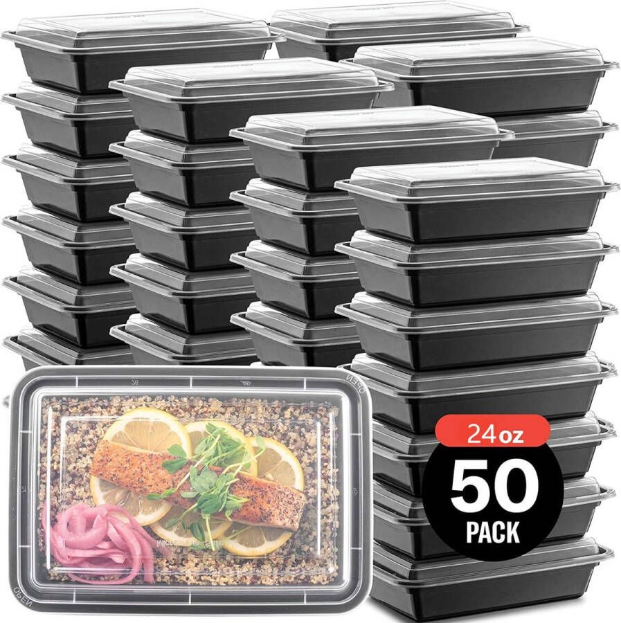 Buxibo 50 Meal Prep Bakjes Salade Lunch Box Diepvriesbakjes Vershoudbakjes Plastic Bakjes Met Deksel Vershouddoos Magnetron Vaatwasser Bestendig 24 oz 0.7 Liter Inhoud Herbruikbaar Kunststof BPA vrij Zwart