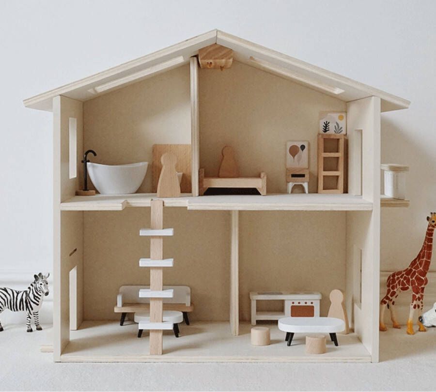 Buxibo Houten Poppenhuis Kinderhuis voor Poppen met Meubels Speelhuisje van Hout