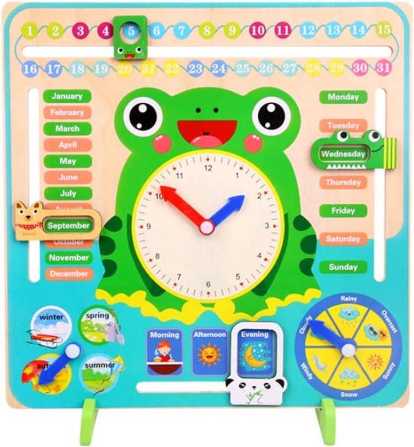 Buxibo Kleurrijke Houten Leerklok Kikker Speelgoedklok Kalenderklok Oefenklok Educatief speelgoed Leerhulpmiddel Multicolor