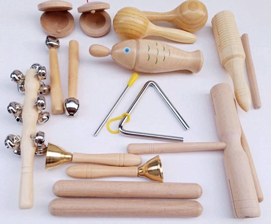 Buxibo Muziek Set 16-Delig Muziekinstrumenten Set voor kinderen Speelgoedinstrumenten Handbelletjes Triangel Sambabal Hout