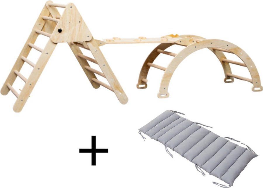 Buxibo Opvouwbare Driehoek + Klimboog met Kussen + Helling met Klimrek Glijbaan Montessori Meubels Houten Speelgym Naturel