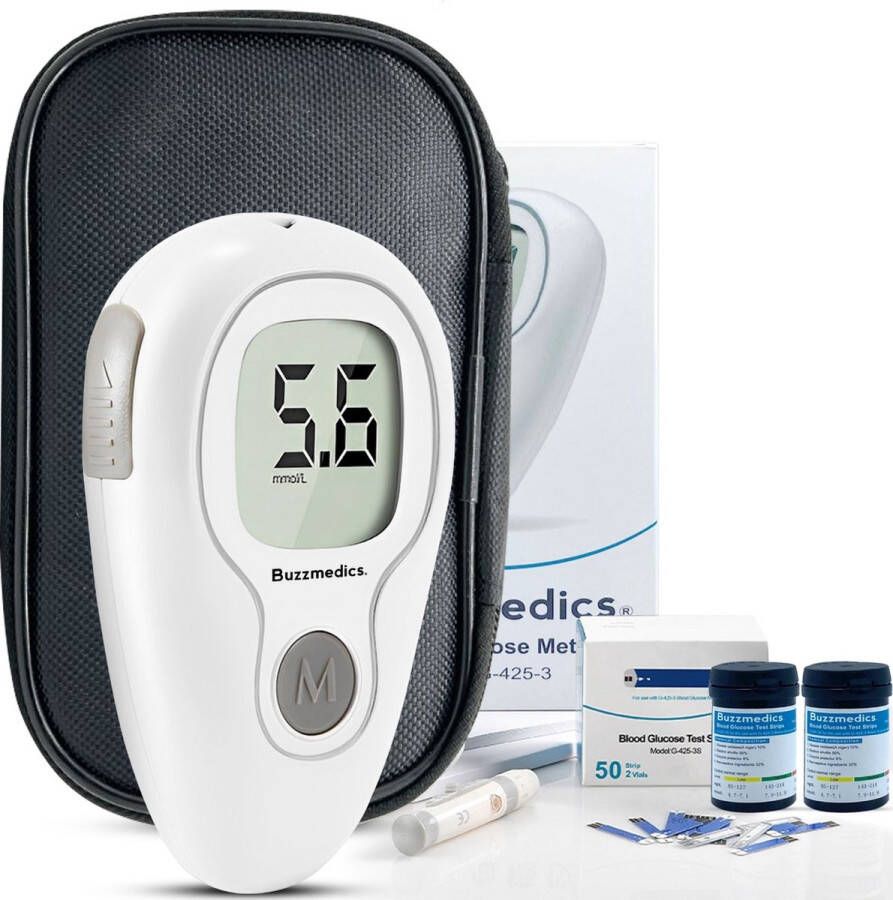 Buzzmedics Glucosemeter Startpakket Inclusief GRATIS 50 Teststrips & 50 Lancettes Bloedsuikermeter Diabetes meter Bloed Glucosemeter Met Opbergtasje Diabetes test Glucosetesten Glucose Revolutie mmol l mg dl