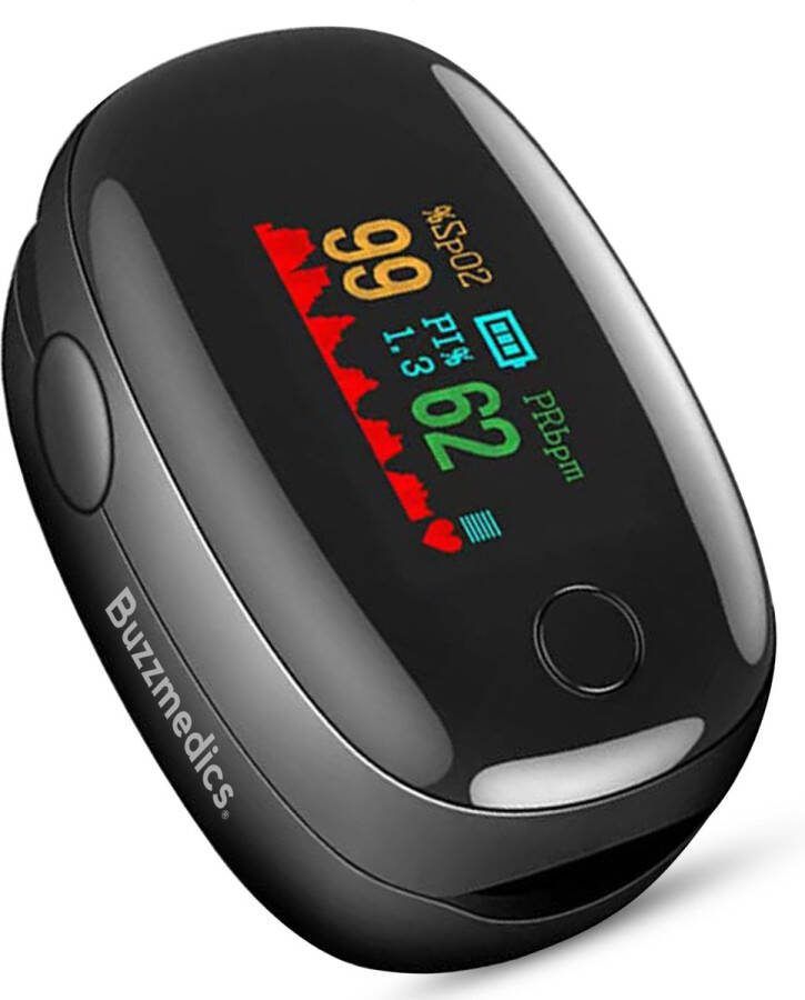 Buzzmedics Zuurstof saturatie meter inclusief batterijen Realtime hartslag meting Zuurstofmeter vinger Digitale vingertop pulse oximeter Hartslagmeter Best getest Medische hulpmiddel CE + FAGG gekeurd