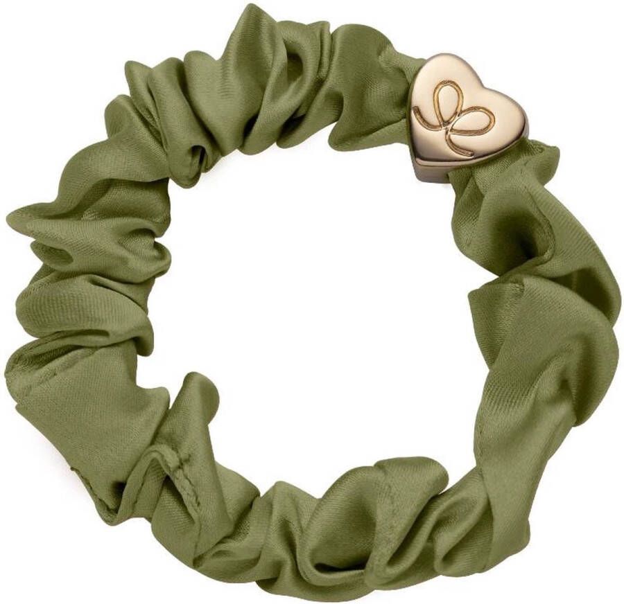By Eloise London Gold Heart Silk Scrunchie Olive Green
