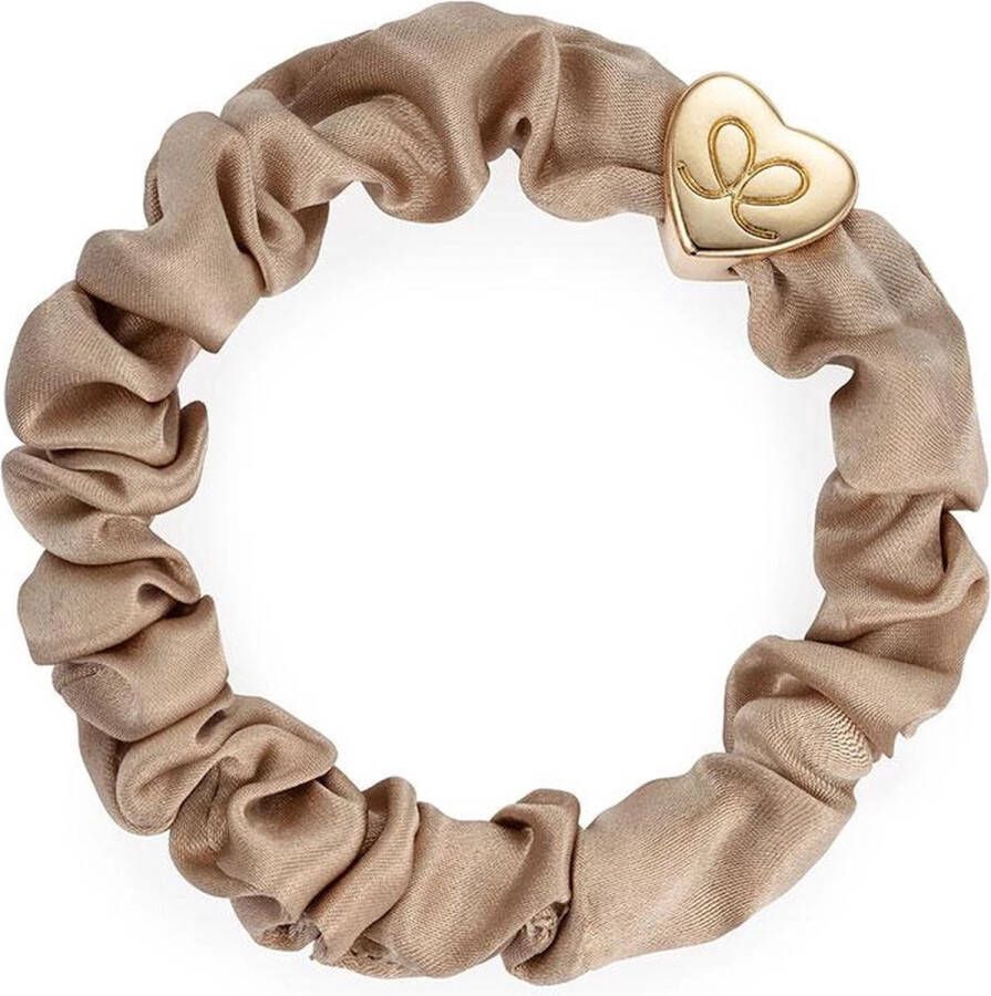 By Eloise London Gold Heart Silk Scrunchie Sand