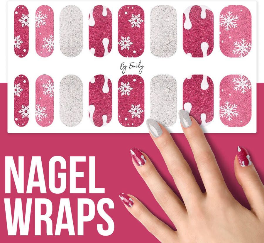 By Emily Nagel wrap Pink Snow Sparkles | Christmas | Kerst | 16 stickers | Nail wrap | Nail art | Trendy | Design | Nagellakvrij | Eenvoudig | Nagel wrap | Nagel stickers | Folie | Zelfklevend | Sjablonen