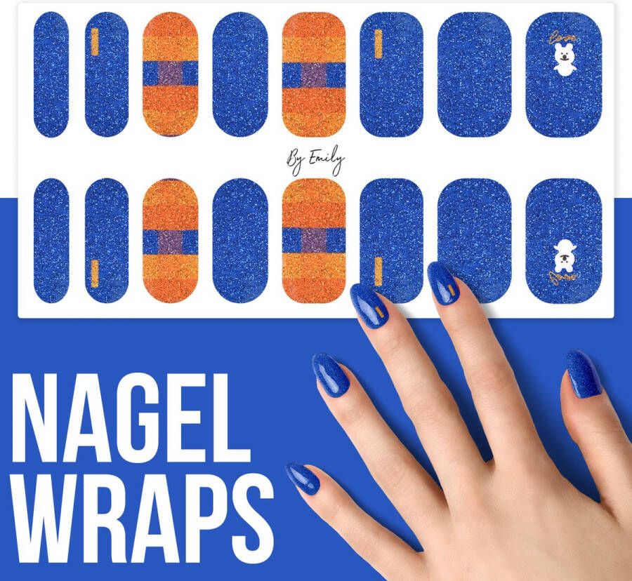 By Emily Nagel wrap Sparkly Blue & Orange | 16 stickers | Nail wrap | Nail art | Trendy | Design | Nagellakvrij | Eenvoudig | Nagel wrap | Nagel stickers | Folie | Zelfklevend | Sjablonen