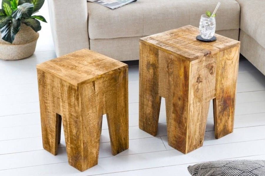 Invicta Interior Design bijzettafel set van 2 JUNGLE 35cm natuurlijke mango massief houten salontafel handgemaakt 42576