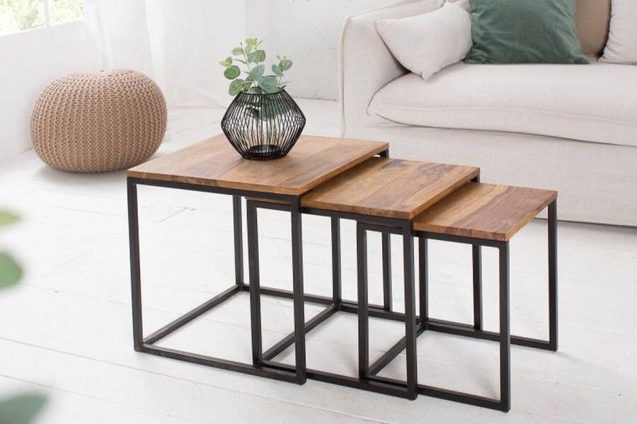 Invicta Interior Design bijzettafel set van 3 ELEMENTS 40cm Sheesham metalen frame zwart 38605