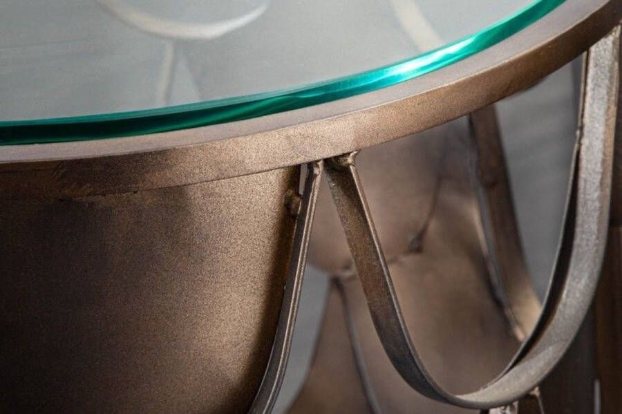Invicta Interior Industriële bijzettafel ABSTRACT 55cm antiek messing metaal visschub design rond glas 40111