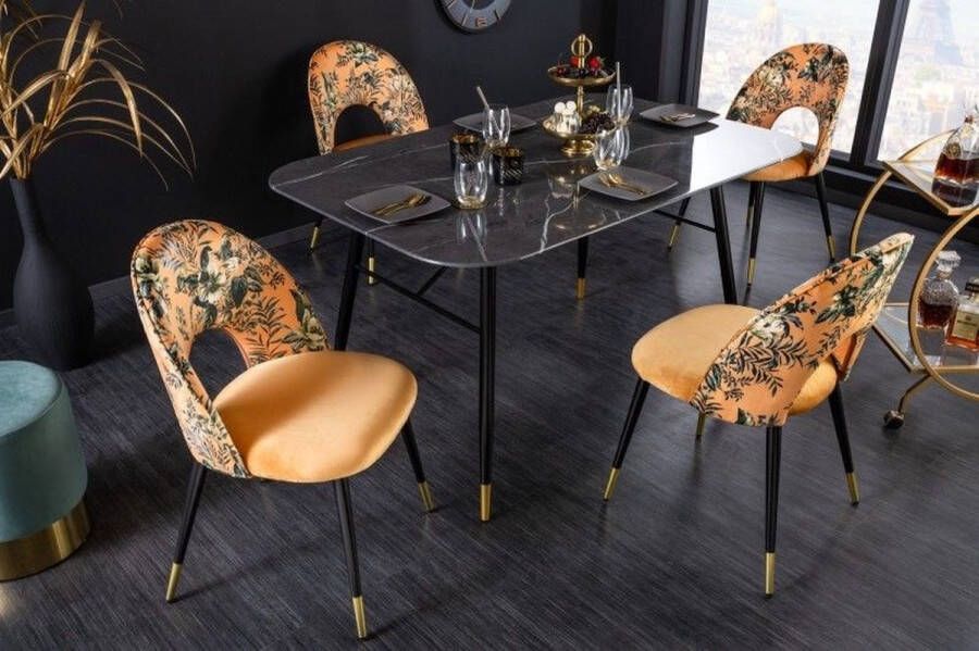Invicta Interior Design stoel PRET-A-PORTER geel fluweel bloemmotief en gouden voetdoppen 41701