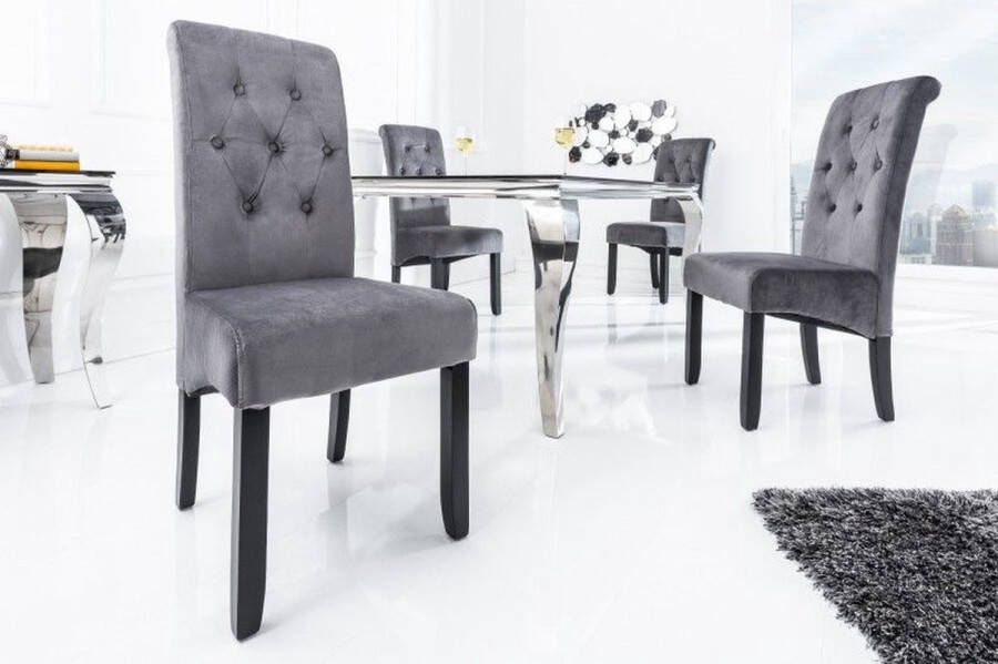 Invicta Interior Design stoel CASA grijs fluweel met decoratieve knopen massief houten poten 38979